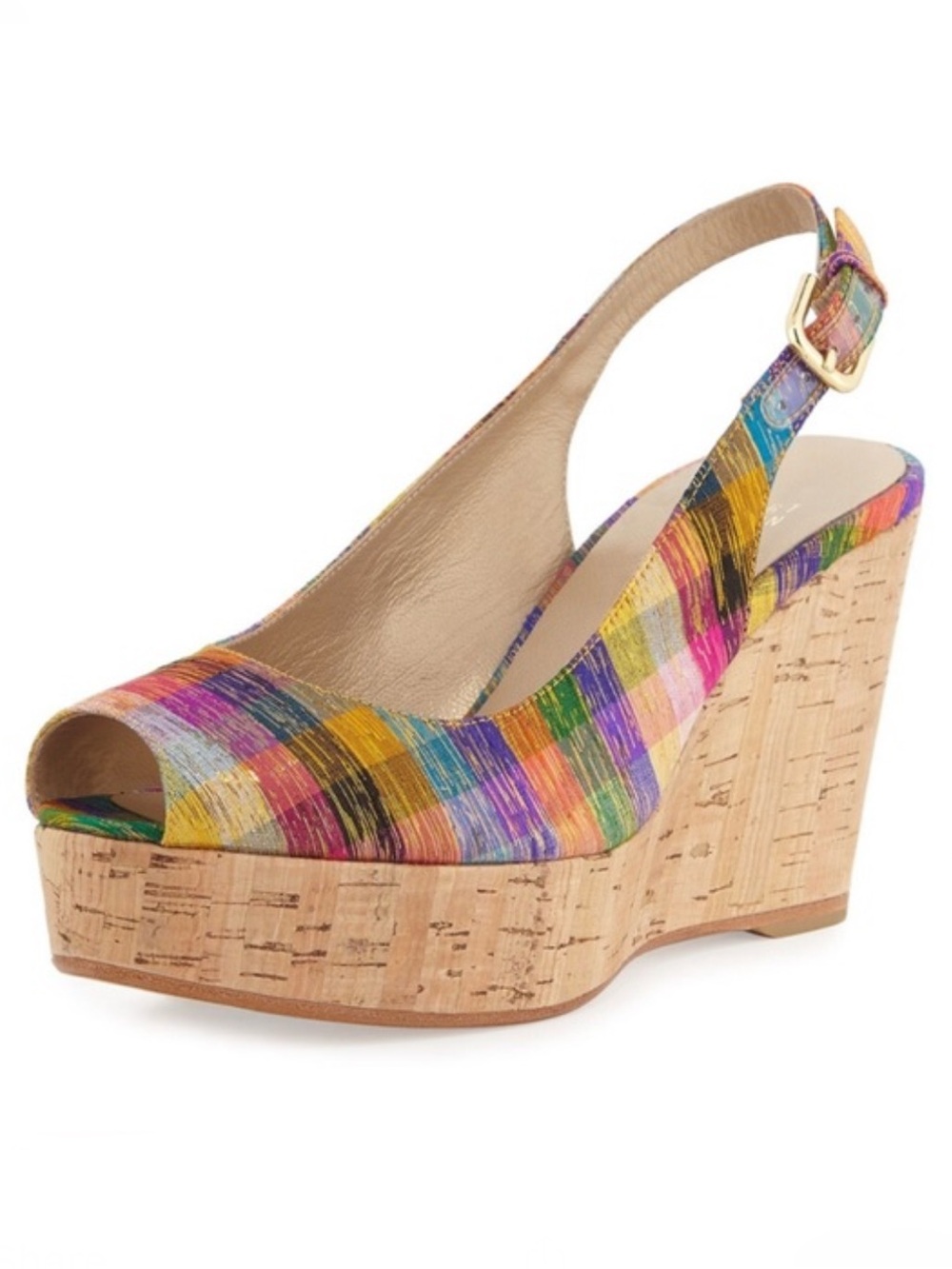 Stuart Weitzman Multicolor Plaid Cork Wedge Sandals